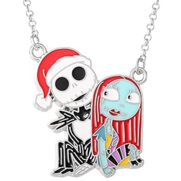 DISNEY 2pc THE NIGHTMARE BEFORE CHRISTMAS JACK + SALLY NECKLACE + EARRINGS SET - Picture 5 of 8
